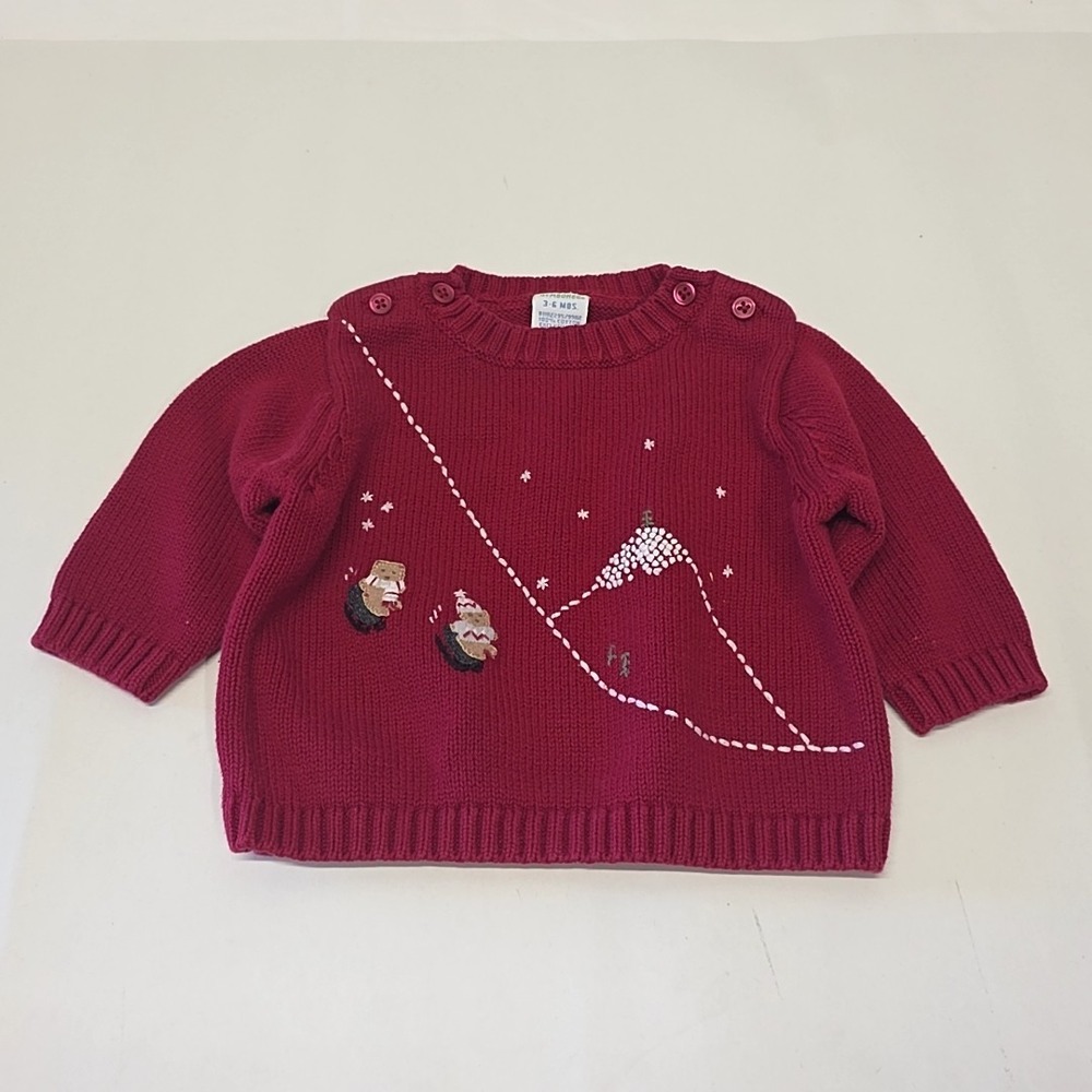 Gymboree Sweater Unisex 3-6 Months Burgundy Embroidered Winter Bear Sledding